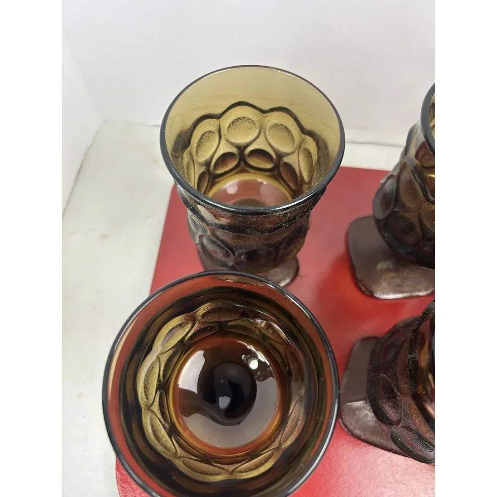 Vintage Amber Glass Tumblers‎ Set of 6 Textured Diamond Cut Base Hobnail MCM